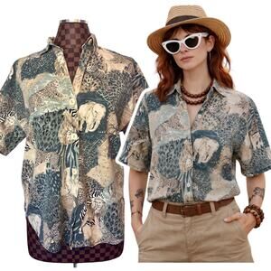 Vtg 80s Denim Republic Jungle Print Short Sleeve Shirt Womens Size XL Wilderkind